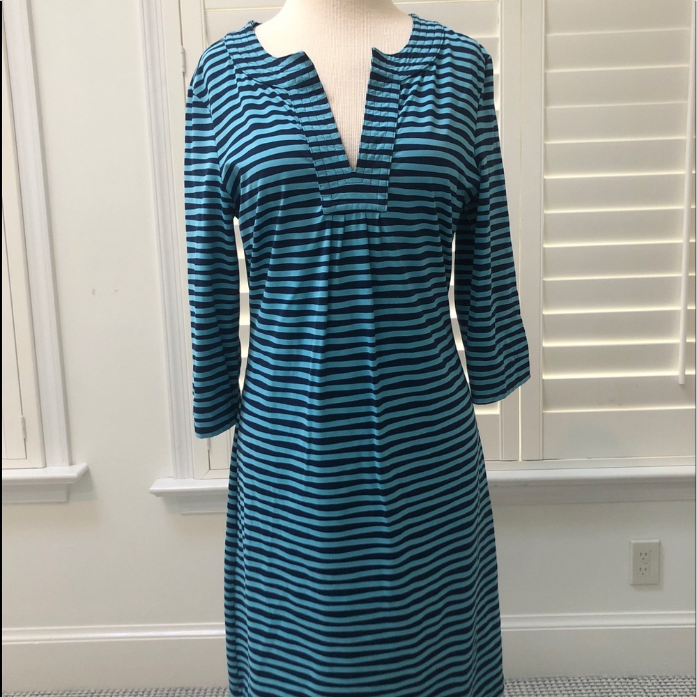 Ellie Kai navy blue and pale blue striped dress.